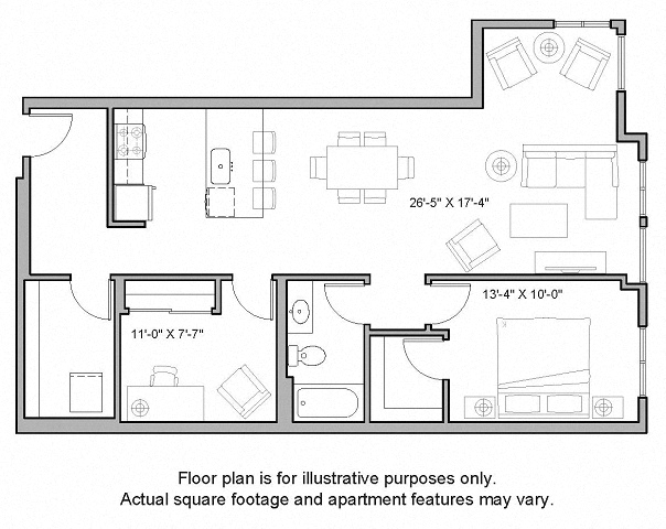 Floor plan for 1 bed, 1 bath, 1070 sqft